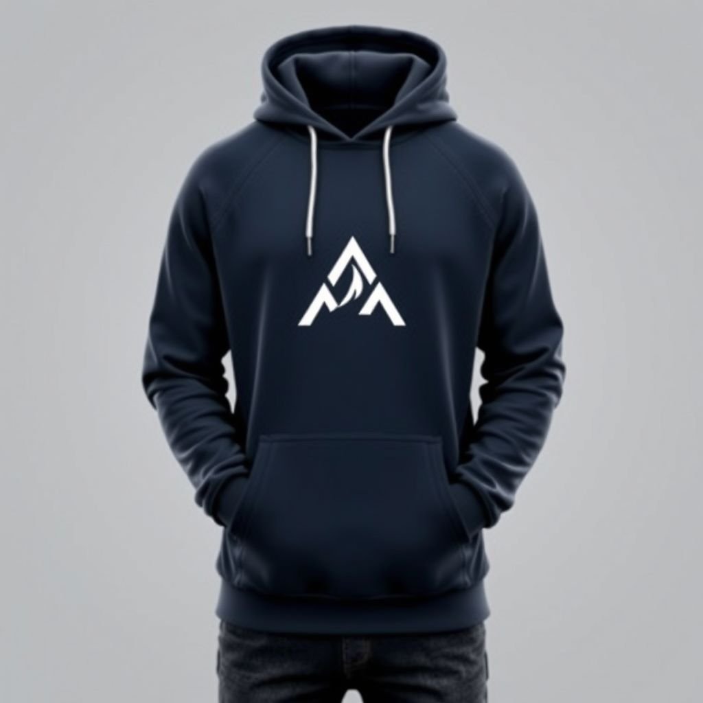 mockup design, Design a cozy, stylish hoodie featuring my logo prominently on the front. The fabric should be a soft blend for maximum comfort, with a modern fit. Choose a sleek color palette, perhaps navy blue or charcoal gray, and add subtle details like contrasting drawstrings or unique stitching for a trendy touch.