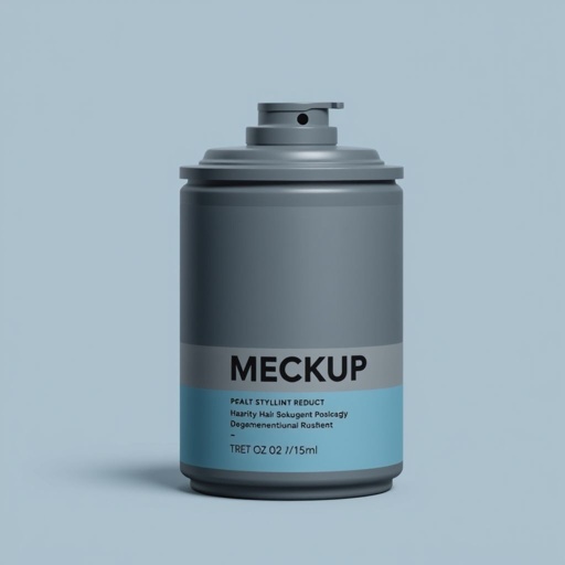 mockup design, Create a sleek mockup for a modern hair styling product designed specifically for men. The can should feature a matte finish in calming colors like slate gray and soft blue, showcasing a minimalist label with bold typography. Include a subtle texture to enhance realism and a stylish lid for added sophistication.
