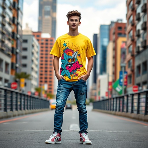 mockup design, Create a mockup design featuring a young man casually dressed in a colorful graphic t-shirt, standing in an urban setting. The t-shirt showcases a bold, artistic print inspired by street art. Include details like stylish sneakers, casual jeans, and a relaxed posture, with a vibrant cityscape as the backdrop.