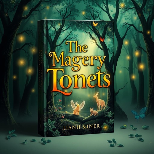 mockup design, Design a captivating book cover featuring a mystical forest with ethereal lights and whimsical creatures. Incorporate bold, elegant typography for the title, blending harmoniously with the enchanting background. Use a rich color palette of greens and golds to evoke a sense of magic and adventure, inviting readers into a fantastical world.