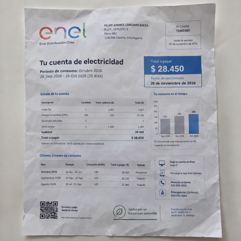 Create a statement, an electricity bill in CHILE. The A4 statement should be realistic, as if it were photographed on a phone. The document should be on a white background. The document must be for the last 3 months of October 2026. The document should contain several transactions and be wrinkled at the edges.
Name FELIPE ANDRÉS CÁRCAMO BAEZA
Address Pocor 852, 1391486 Calama, Antofagasta
R.U.T. 20762241-9
Date of birth 16.11.2001