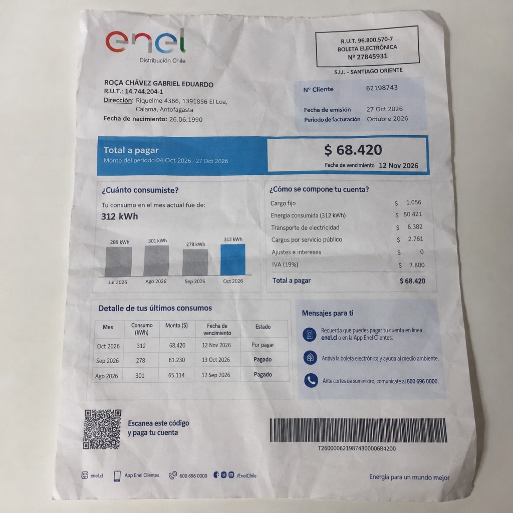 Create a statement, an electricity bill in CHILE. The A4 statement should be realistic, as if it were photographed on a phone. The document should be on a white background. The document must be for the last 3 months of October 2026. The document should contain several transactions and be wrinkled at the edges.
Name ROÇA CHÁVEZ GABRIEL EDUARDO
Address Riquelme 4366, 1391856 El Loa, Calama, Antofagasta
R.U.T. 14744204-1
Date of birth 26.06.1990
