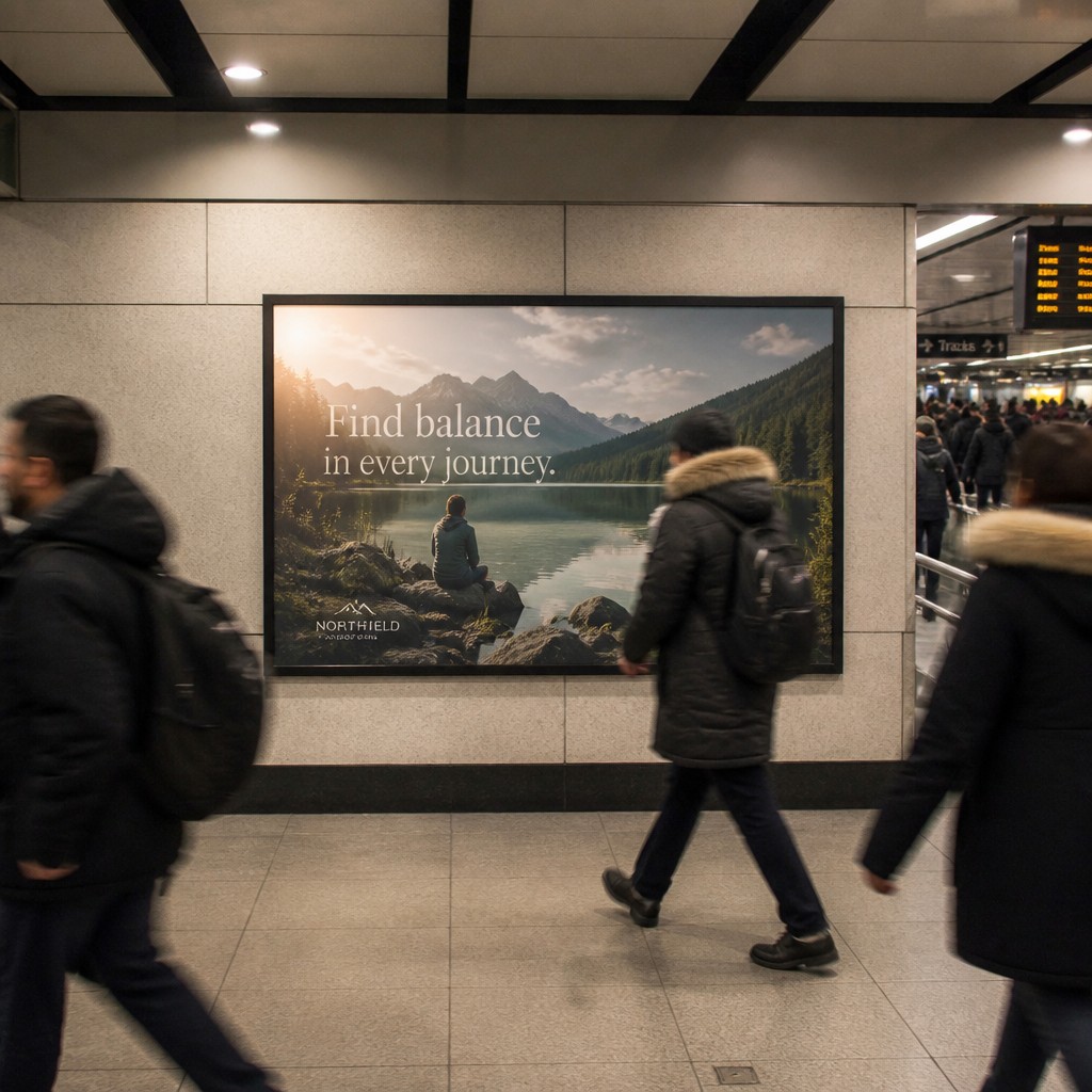 A train station ad featuring a tasteful sample brand design mounted on a concourse wall panel as commuters walk past during rush hour, straight-on angle with soft overhead lighting, no watermarks, no text overlays