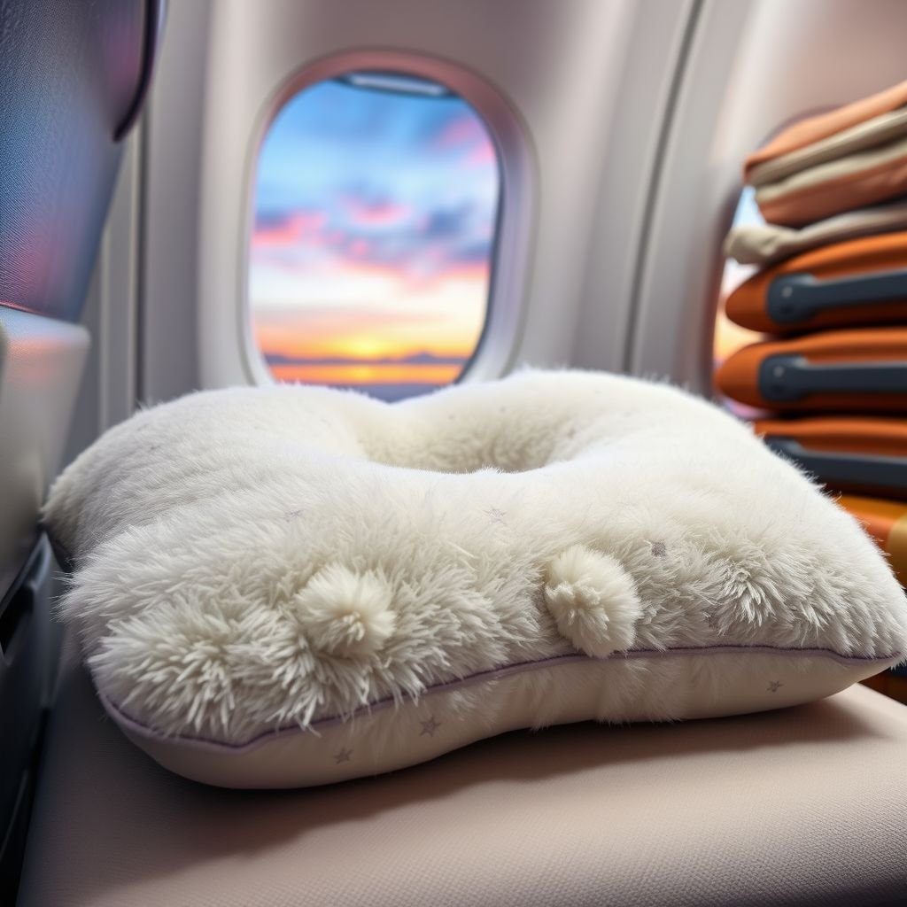 A fluffy travel pillow, soft and inviting, surrounded by a vibrant sunset palette. A cozy texture, plush fabric dotted with tiny stars. Resting on a plush airplane seat, a faint aroma of lavender wafts through the air. Luggage neatly stacked in the background, a serene escape beckoning from a window.