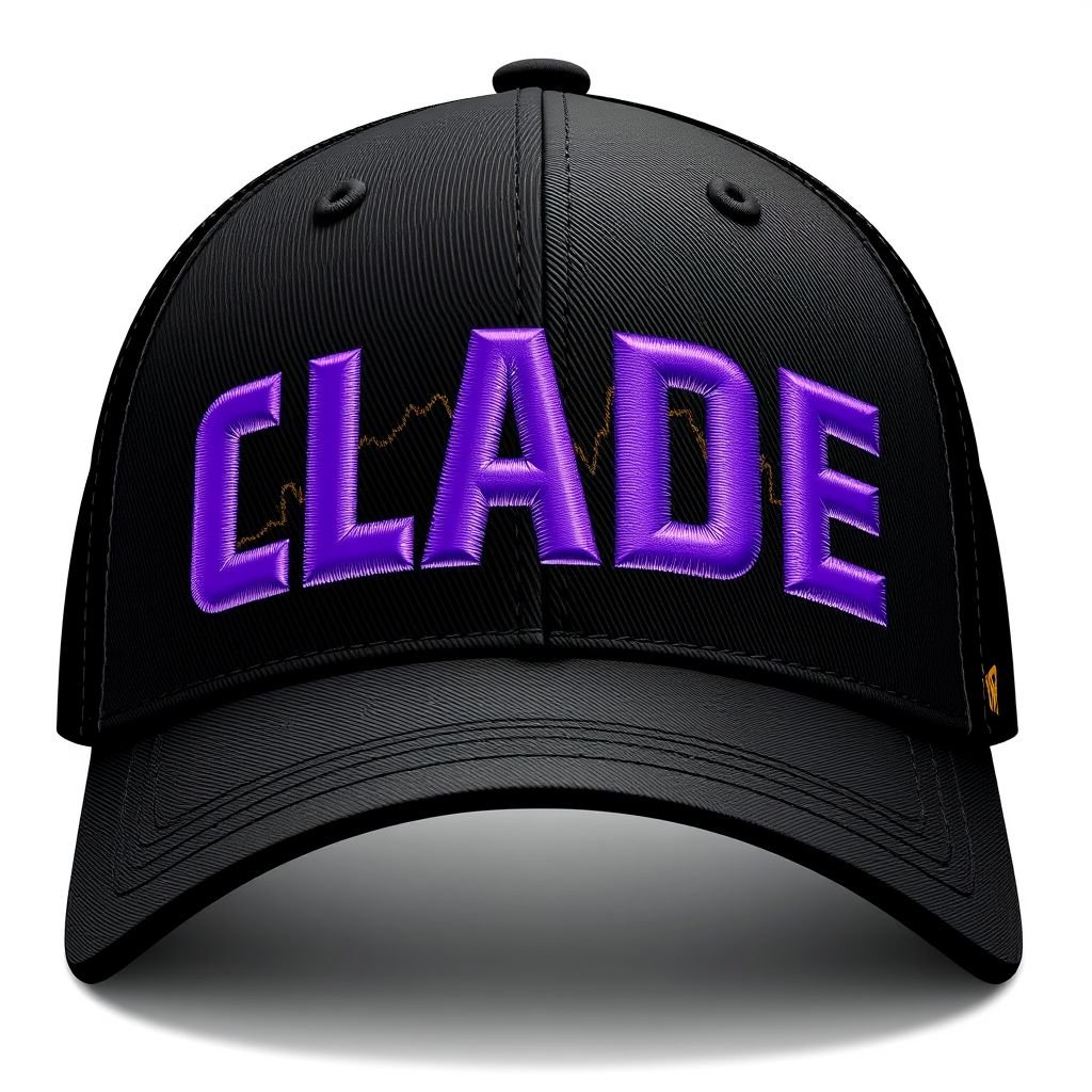 mockup design, Design a sleek black baseball hat featuring the brand name "CLADE" prominently embroidered in vibrant purple letters. Behind the brand name, a stylized city skyline arcs in a semi-circle, capturing an urban essence. Aim for a modern, edgy look, appealing to city dwellers who embrace both fashion and sportswear culture.