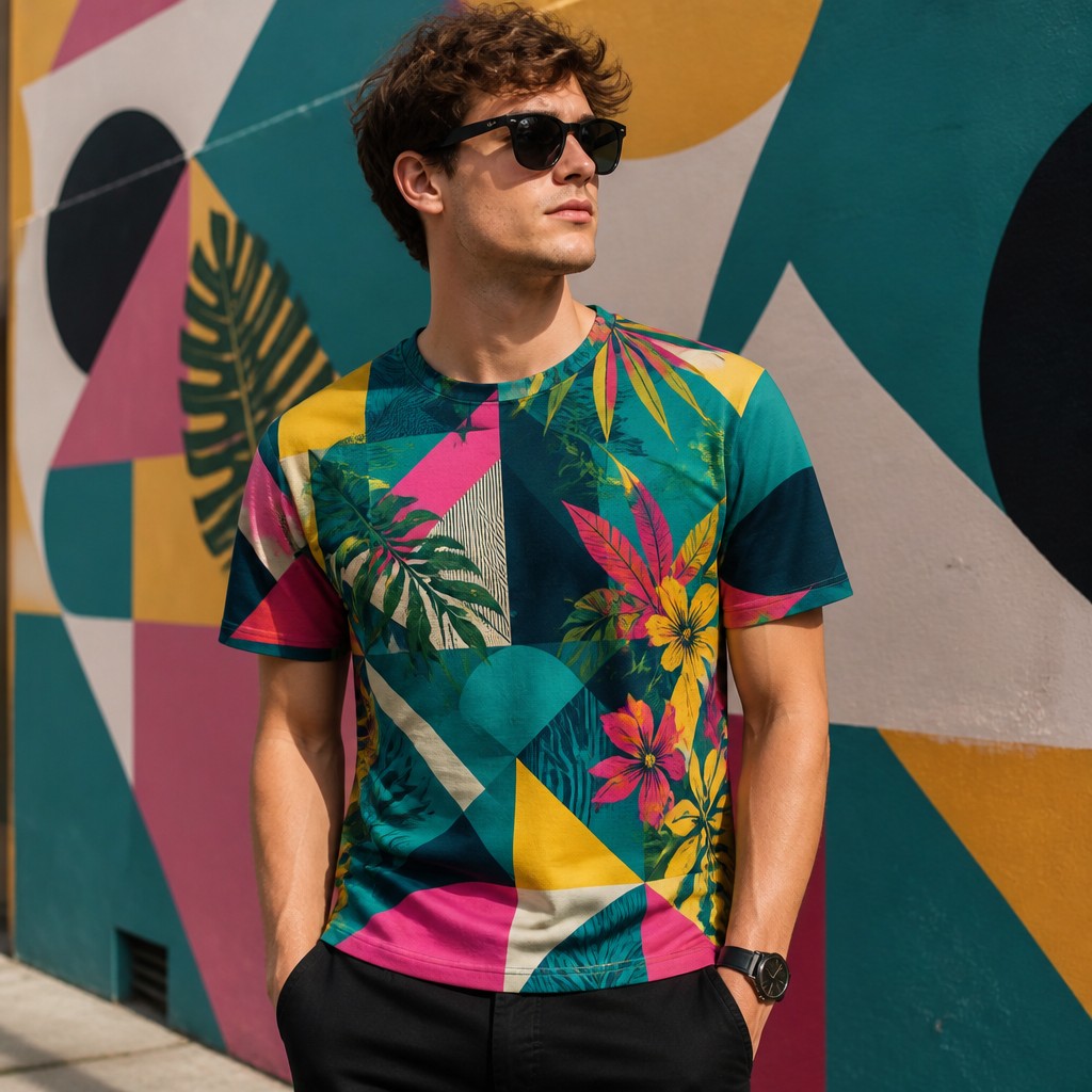 Create a realistic product mockup based on these instructions:
Create a vibrant T-shirt design featuring an abstract geometric pattern in bold colors like teal, magenta, and yellow. Incorporate elements of nature, such as leaves and flowers, seamlessly blended into the shapes. The overall vibe should be modern and eye-catching, perfect for casual wear, appealing to a youthful audience.
Create a professional, photorealistic mockup scene. If the instructions mention a design,
artwork, logo, print or graphic, invent an original, fitting design and integrate it onto the
product realistically with proper perspective, lighting and material texture. Only show a clean,
undecorated product if the instructions explicitly ask for a blank or plain product.