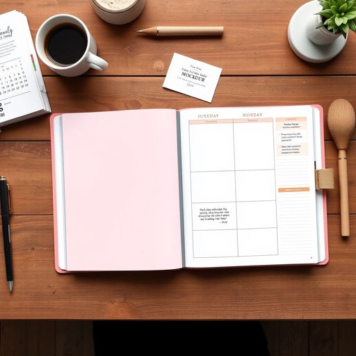 mockup design, Create a sleek, modern planner mockup featuring a minimalist cover design in soft pastels. Include detailed, organized interior pages with weekly and monthly layouts, inspirational quotes, and space for notes. Showcase the planner open on a rustic wooden desk, surrounded by stylish stationery and a warm cup of coffee.
