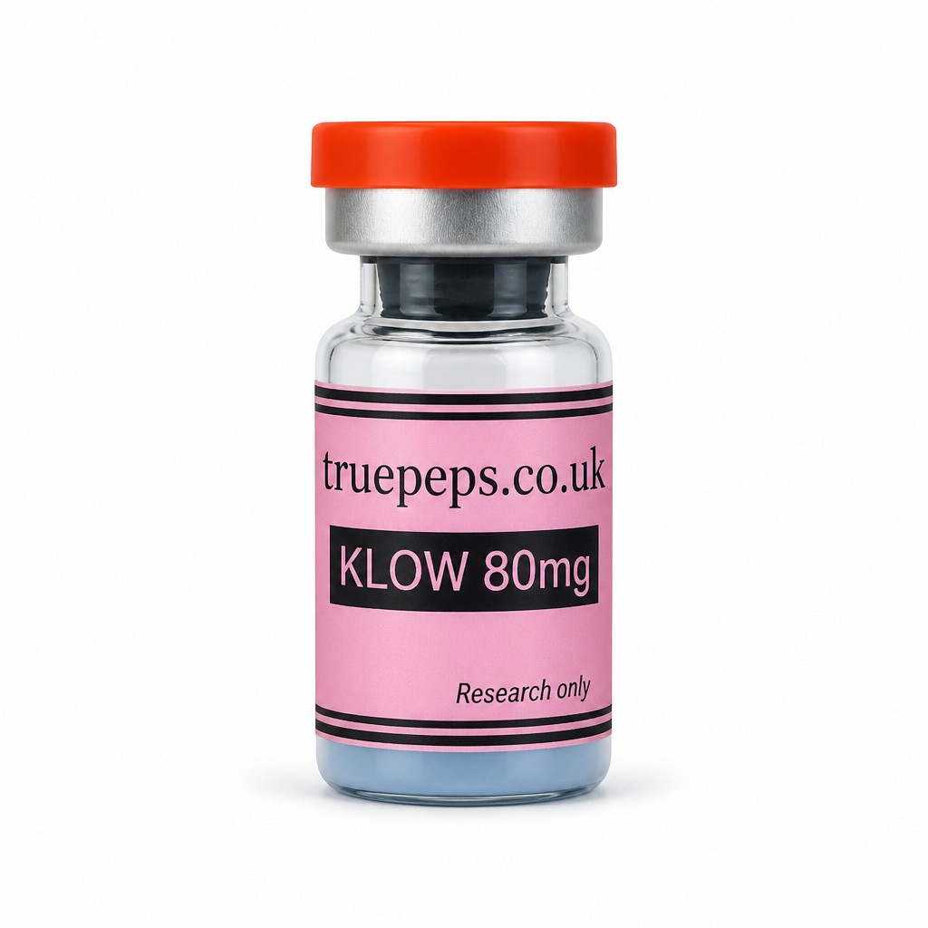 Recreate the exact glass pharmaceutical vial shown in the reference image, with no design changes whatsoever — same orange/red flip-off cap, same silver crimp collar, same clear glass vial with a light blue tint visible at the base, same pink label with black double-line border. Label text must match exactly: "truepeps.co.uk" at the top, a black bar containing "KLOW 80mg" in pink text, and "Research only" in small italic text at the bottom. Do not alter colors, wording, logo, or label layout in any way.
Reframe only: center the vial upright in the middle of the frame, straight-on eye-level angle, full label facing camera and fully legible with no text cut off. Place on a seamless pure white studio background. Soft, even diffused studio lighting with no harsh glare on the glass or cap. Subtle soft realistic shadow directly beneath the vial. Sharp focus throughout, especially the label text. Professional e-commerce product photography style, high detail, 4K.