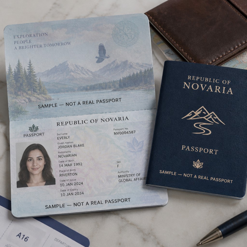 Create a realistic-looking fictional U.S.-style passport mockup for an educational presentation. Show an open passport booklet with a fictional identity page and passport cover. Use completely invented personal information and a fictional passport number. Clearly display “SAMPLE — NOT A REAL PASSPORT” across the identity page and cover. Use a fictional issuing authority and generic security-style background patterns, but do not reproduce an authentic U.S. passport template, government seal, machine-readable zone, barcode, or other scannable/authentication features. Professional photography, realistic paper texture, detailed typography, natural lighting, high-resolution product-photography style.