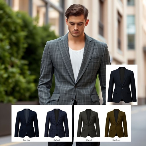 mockup design, Design a sleek SRC Blazer mockup featuring a tailored fit, sharp lapels, and a modern silhouette. The fabric should showcase a subtle texture with an elegant, understated pattern. Include color options like deep navy, charcoal, and olive green. Present the blazer in a stylish urban setting to highlight its versatility.