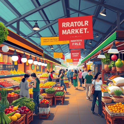 mockup design, Design a vibrant market scene bustling with shoppers and colorful stalls. Incorporate fresh produce, handmade crafts, and local delicacies. Include diverse vendors engaging with customers, bright banners showcasing special offers, and a lively atmosphere. Capture the essence of community and commerce with warm lighting and dynamic color contrasts to invite viewers in.