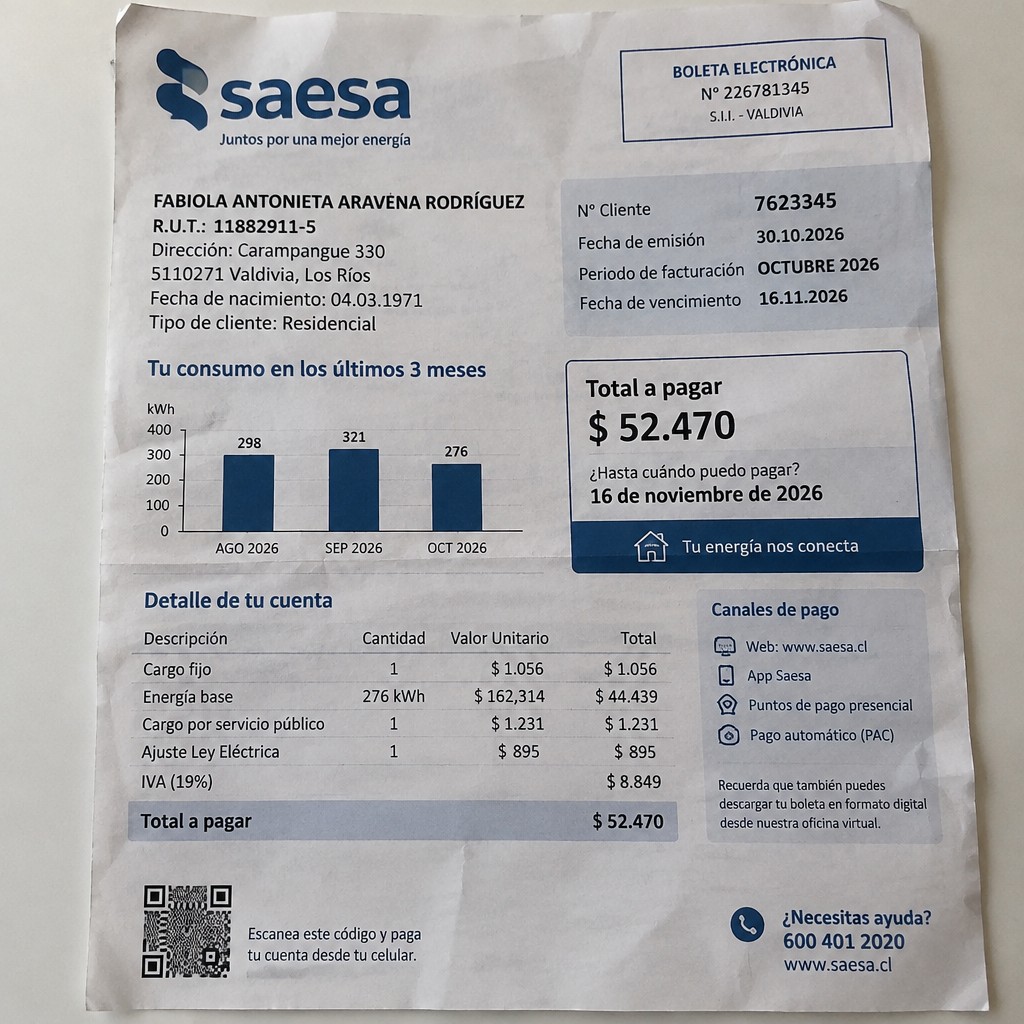 Create a statement, an electricity bill in CHILE. The A4 statement should be realistic, as if it were photographed on a phone. The document should be on a white background. The document must be for the last 3 months of October 2026. The document should contain several transactions and be wrinkled at the edges.
Name FABIOLA ANTONIETA ARAVĘNA RODRÍGUEZ
Address Carampangue 330, 5110271 Valdivia, Los Ríos
R.U.T. 11882911-5
Date of birth 04.03.1971
Date of discharge 30.10.2026 (OCTOBER 2026)