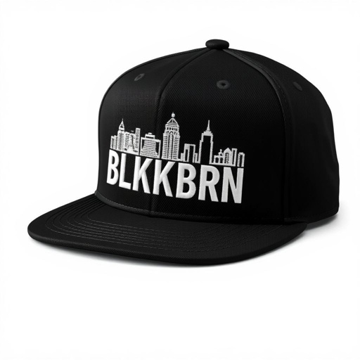 mockup design, Create a stylish black hat featuring the BLKBRN brand name prominently displayed on the front. Behind the brand name, incorporate a detailed skyline design, intricately embroidered in all-white threads. The contrast between the sleek black fabric and the crisp white embroidery should create a modern, chic aesthetic perfect for urban fashion enthusiasts.
