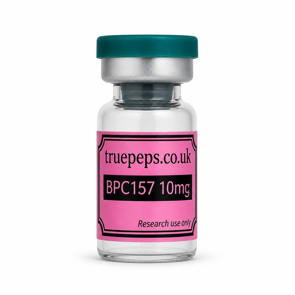 Recreate the exact glass pharmaceutical vial shown in the reference image, with no design changes whatsoever — same teal/green flip-off cap, same silver crimp collar, same clear glass vial, same pink label with black double-line border. Label text must match exactly: "truepeps.co.uk" at the top, a black bar containing "BPC157 10mg" in pink text, and "Research use only" in small italic text at the bottom. Do not alter colors, wording, logo, or label layout in any way.
Reframe only: center the vial upright in the middle of the frame, straight-on eye-level angle, full label facing camera and fully legible with no text cut off. Place on a seamless pure white studio background. Soft, even diffused studio lighting with no harsh glare on the glass or cap. Subtle soft realistic shadow directly beneath the vial. Sharp focus throughout, especially the label text. Professional e-commerce product photography style, high detail, 4K.