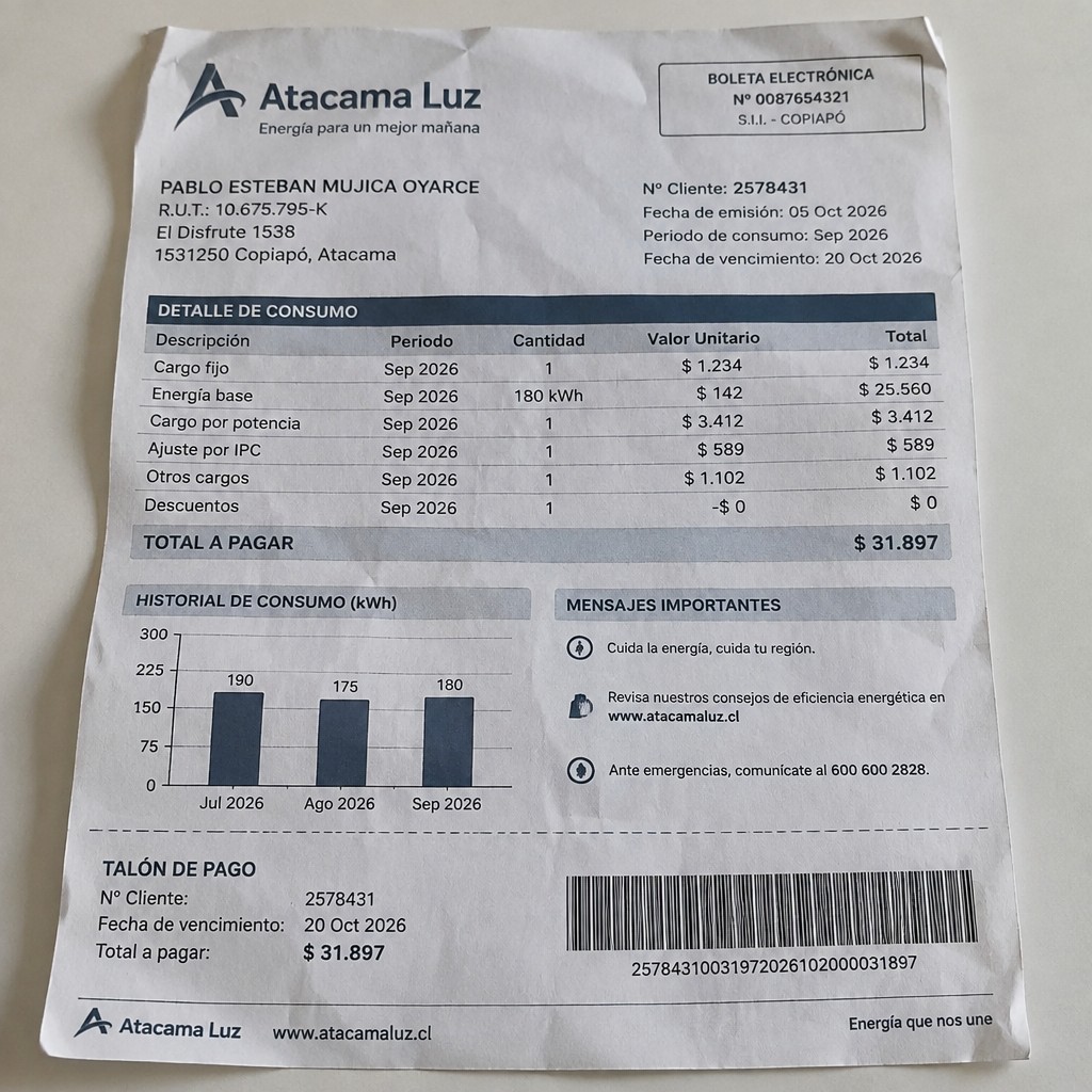 Create a statement, an electricity bill in CHILE. The A4 statement should be realistic, as if it were photographed on a phone. The document should be on a white background. The document must be for the last 3 months of October 2026. The document should contain several transactions and be wrinkled at the edges.
Name PABLO ESTEBAN MUJICA OYARCE
Address El Disfrute 1538, 1531250 Copiapó, Atacama
R.U.T. 10675795-K
Date of birth 21.09.1979