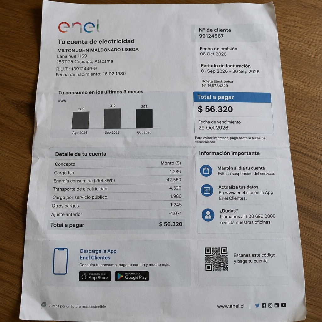 Create a statement, an electricity bill in CHILE. The A4 statement should be realistic, as if it were photographed on a phone. The document should be on a white background. The document must be for the last 3 months of October 2026. The document should contain several transactions and be wrinkled at the edges.
Name MILTON JOHN MALDONADO LISBOA
Address Lanalhue 1169, 1531125 Copiapó, Atacama
R.U.T. 13912449-9
Date of birth 16.02.1980