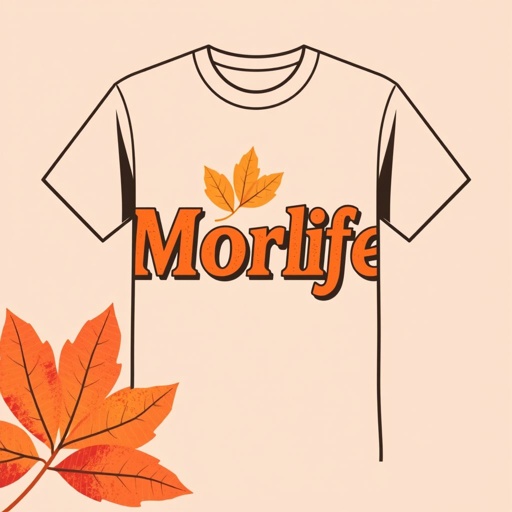 mockup design, Design a stylish T-shirt featuring the word "Morlife" in bold, graphic typography. Incorporate rich fall colors like deep reds, burnt oranges, and mustard yellows. The background should have a subtle, textured autumn leaf pattern for added depth. Consider a vintage, relaxed fit to enhance the seasonal vibe, appealing to nature lovers.
