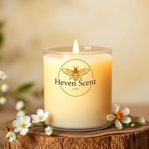 mockup design, Design a serene mockup featuring a holistic beeswax candle adorned with delicate flowers. Incorporate a circular logo showcasing a stylized bee and the brand name “Heaven Scent” in elegant typography. The background should evoke tranquility, perhaps with soft earth tones or a gentle nature scene, to highlight the product's natural essence.