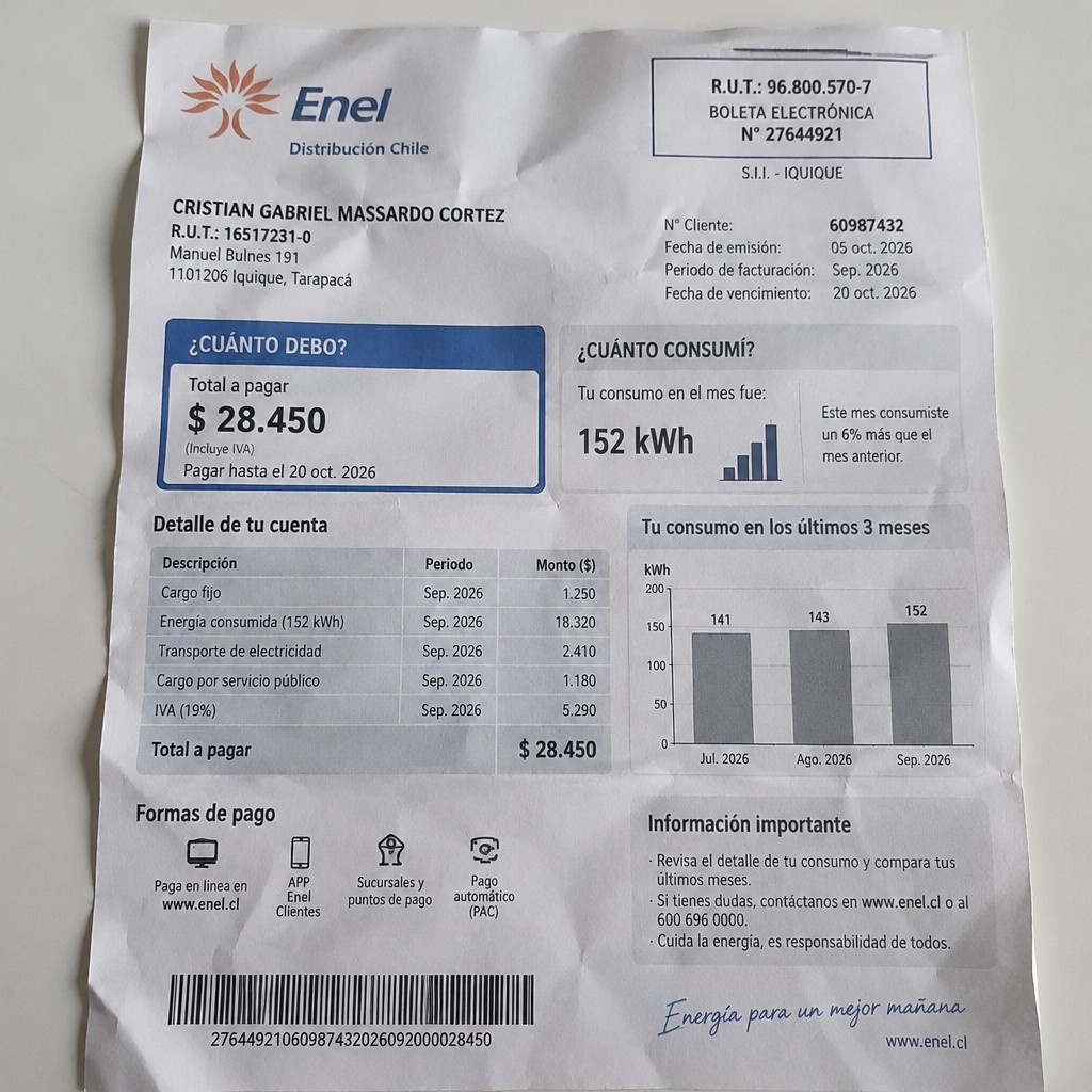 Create a statement, an electricity bill in CHILE. The A4 statement should be realistic, as if it were photographed on a phone. The document should be on a white background. The document must be for the last 3 months of October 2026. The document should contain several transactions and be wrinkled at the edges.
Name CRISTIAN GABRIEL MASSARDO CORTEZ
Address Manuel Bulnes 191, 1101206 Iquique, Tarapacá
R.U.T. 16517231-0
Date of birth 28.09.1986
