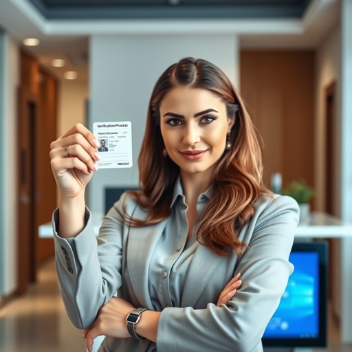 mockup design, A determined woman confidently holds up her ID for verification in a bright, modern office setting. She sports smart casual attire, with an intelligent expression. The background features a sleek reception desk, a digital screen displaying 'Verification Process', and soft lighting that highlights her professionalism. Include a slight blur for focus.