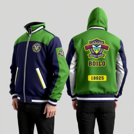mockup design, Design a stylish matric jacket featuring a modern cut and vibrant school colors. Incorporate the school logo prominently on the back, along with personalized elements like the student's name and graduating year. Add distinctive details, such as embroidered patches and contrasting zippers, for a trendy yet classic graduation look.
