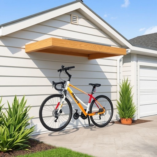 mockup design, Design a sleek, modern bike storage solution that elegantly attaches beneath a home. Incorporate a weatherproof, durable design with a minimalist aesthetic, featuring smooth lines and a secure locking mechanism. Showcase vibrant colors and adaptable sizes to accommodate various bike styles, ensuring easy access while maintaining the home’s exterior charm.