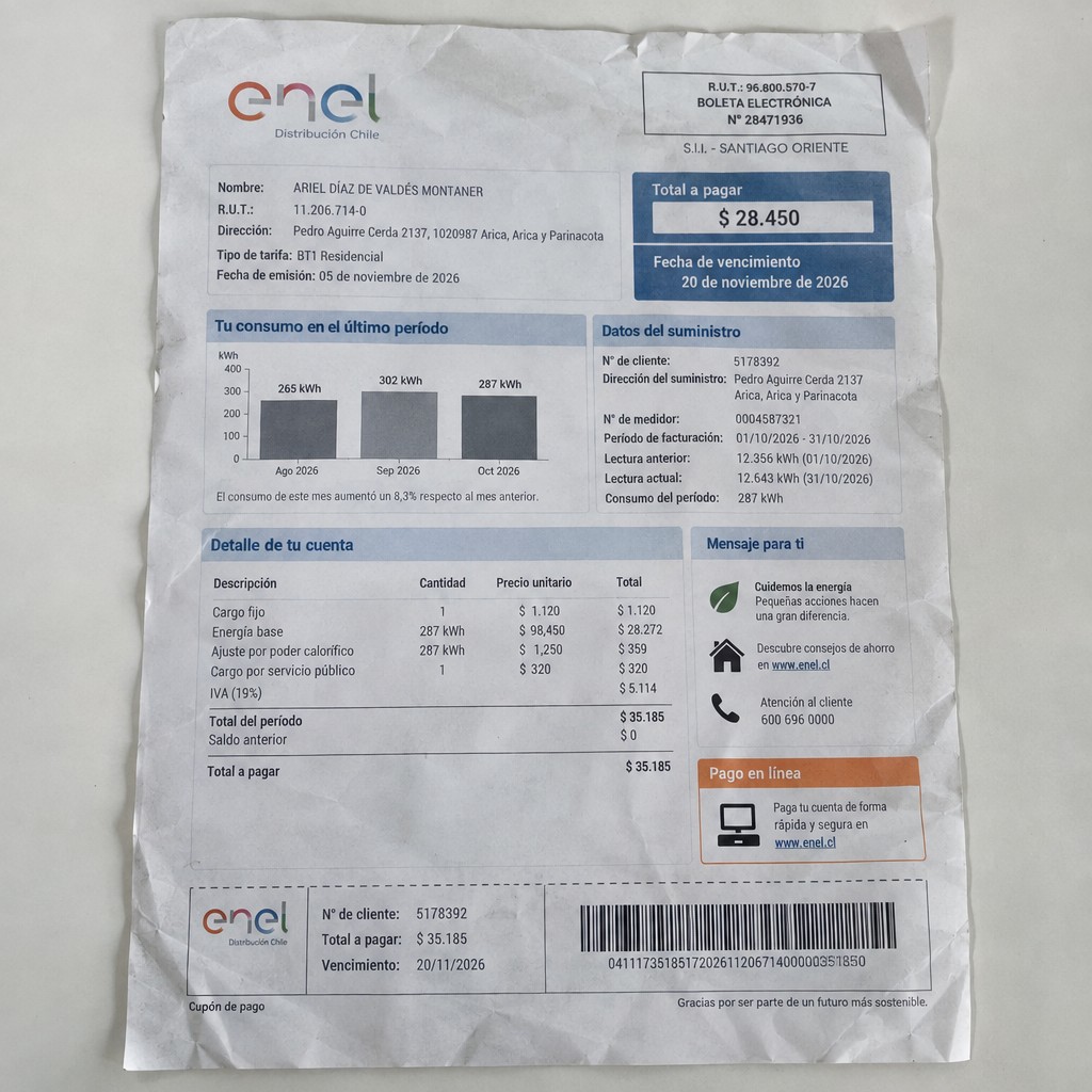 Create a statement, an electricity bill in CHILE. The A4 statement should be realistic, as if it were photographed on a phone. The document should be on a white background. The document must be for the last 3 months of October 2026. The document should contain several transactions and be wrinkled at the edges.
Name ARIEL DÍAZ DE VALDÉS MONTANER
Address Pedro Aguirre Cerda 2137, 1020987 Arica, Arica y Parinacota
R.U.T. 11206714-0
Date of birth 19.09.1967