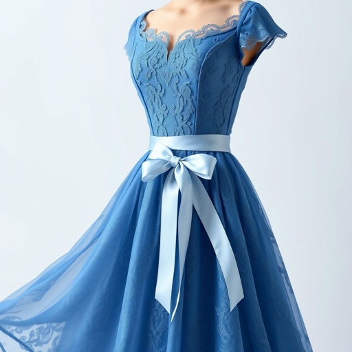 mockup design, Create a mockup design of an elegant blue dress, featuring a flowing silhouette with intricate lace detailing. The dress should have a sweetheart neckline and cap sleeves, accented by a delicate satin ribbon at the waist. Showcase it in a soft, pastel setting, highlighting the dress's graceful movement and luxurious fabric.