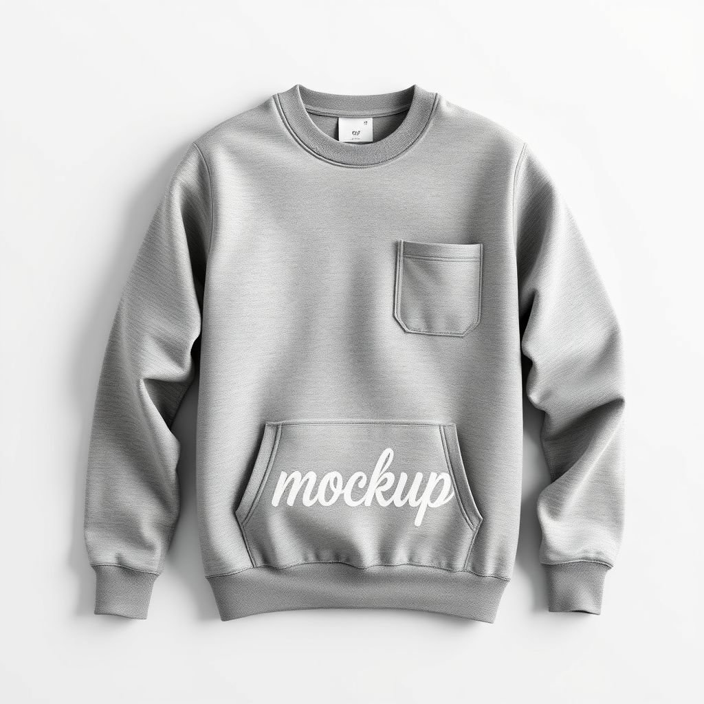 mockup design, Create a stylish grey marle sweatshirt mockup featuring a relaxed fit and a crew neckline. Showcase the fabric's texture with realistic lighting, highlighting the softness and drape. Include customizable elements like a front pocket and tag area for branding, set against a minimalistic background to emphasize the sweatshirt's design.