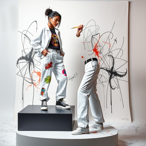 mockup design, A dynamic scene unfolds as a talented female artist, adorned in chic streetwear, passionately paints vibrant designs on a model's stylish white luxury pants. The model confidently stands on a sleek platform, showcasing her unique style while the artist energetically scribbles abstract patterns on a canvas backdrop, blending creativity and fashion seamlessly.