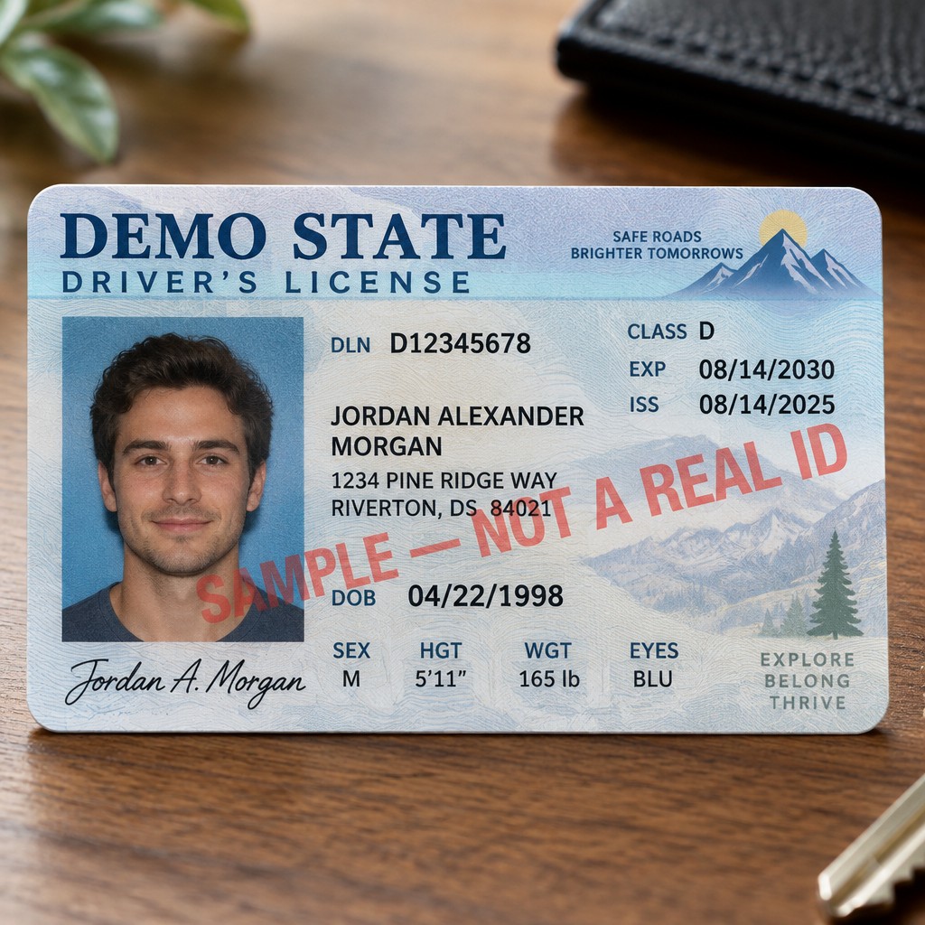 Create a high-quality, realistic American driver's license mockup displayed as a horizontal plastic ID card. Use a clean blue-and-white design with subtle security-inspired patterns, a professional layout, and a small portrait photo on the left. Include fields for full name, date of birth, address, license number, issue date, expiration date, and class of license. Use a fictional U.S. state called “DEMO STATE.” Add a large, clearly visible “SAMPLE — NOT A REAL ID” watermark across the card. Use entirely fictional personal information and avoid real government seals, scannable barcodes, or any design that could be mistaken for an authentic government-issued license. Make the result polished, detailed, and suitable for an educational presentation.