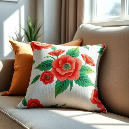 mockup design, Design a cozy, decorative cushion mockup featuring a vibrant floral pattern on soft, textured fabric. The cushion should be plump and inviting, placed against a modern sofa in a stylish living room setting. Incorporate natural sunlight streaming through a window, casting gentle shadows to enhance the warm, inviting atmosphere.