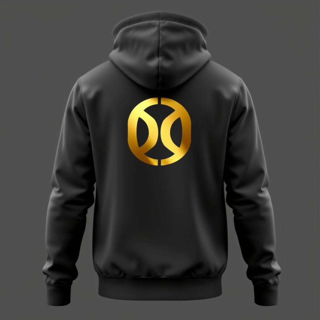 mockup design, Design a sleek, modern hoodie for DesdiCollections that balances luxury and minimalism. Utilize a premium, soft fabric offering comfort and style. The brand's elegant gold logo should be subtly positioned on the left chest, mirroring the size of iconic sports brands. The back showcases a striking, large gold logo with a metallic sheen, capturing attention effortlessly. Integrate a relaxed fit, ribbed cuffs, and a drawstring hood for added functionality, ensuring a chic yet functional piece for the contemporary wardrobe.