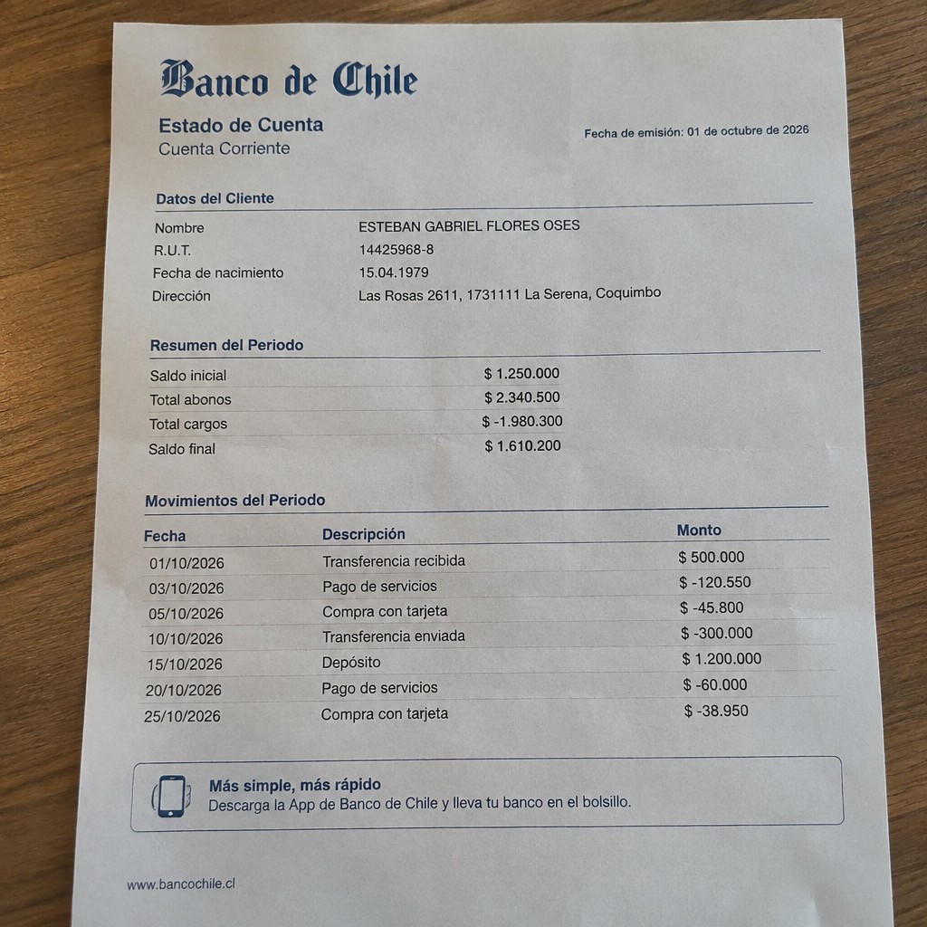 Create any statement containing the data. these can be statements such as : Bank statement. BANCO DE CHILE the statement should be realistic, as if it were photographed on a phone. The statement is on the same background.
Name ESTEBAN GABRIEL FLORES OSES
Address
Las Rosas 2611, 1731111 La Serena, Coquimbo
R.U.T. 14425968-8
Date of birth 15.04.1979
Date of discharge 01.10.2026 (OCTOBER 2026)