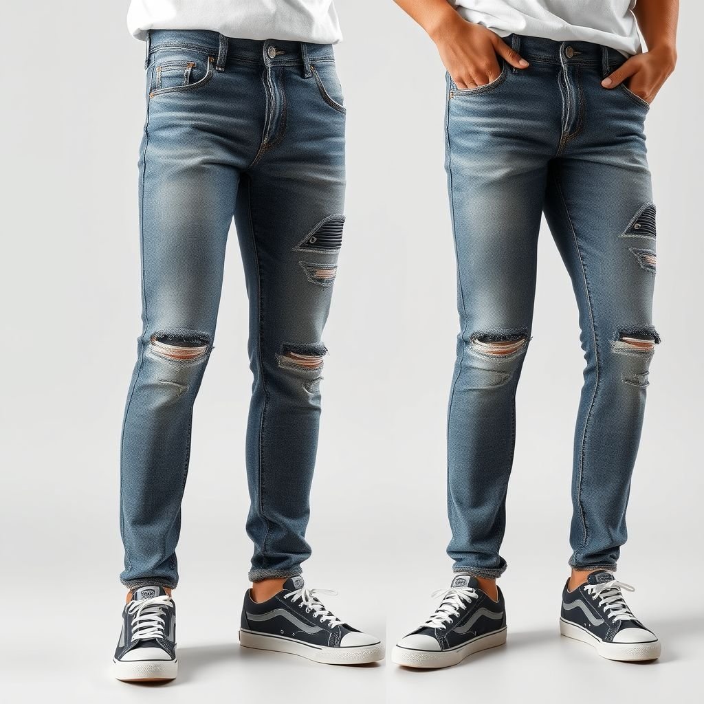 mockup design, Create a mockup design showcasing a trendy pair of jeans. Feature a close-up view highlighting unique details like distressed patches, stylish stitching, and a modern wash. Include a neutral background to emphasize the fabric texture, and present the jeans paired with a casual white t-shirt and stylish sneakers for a complete look.