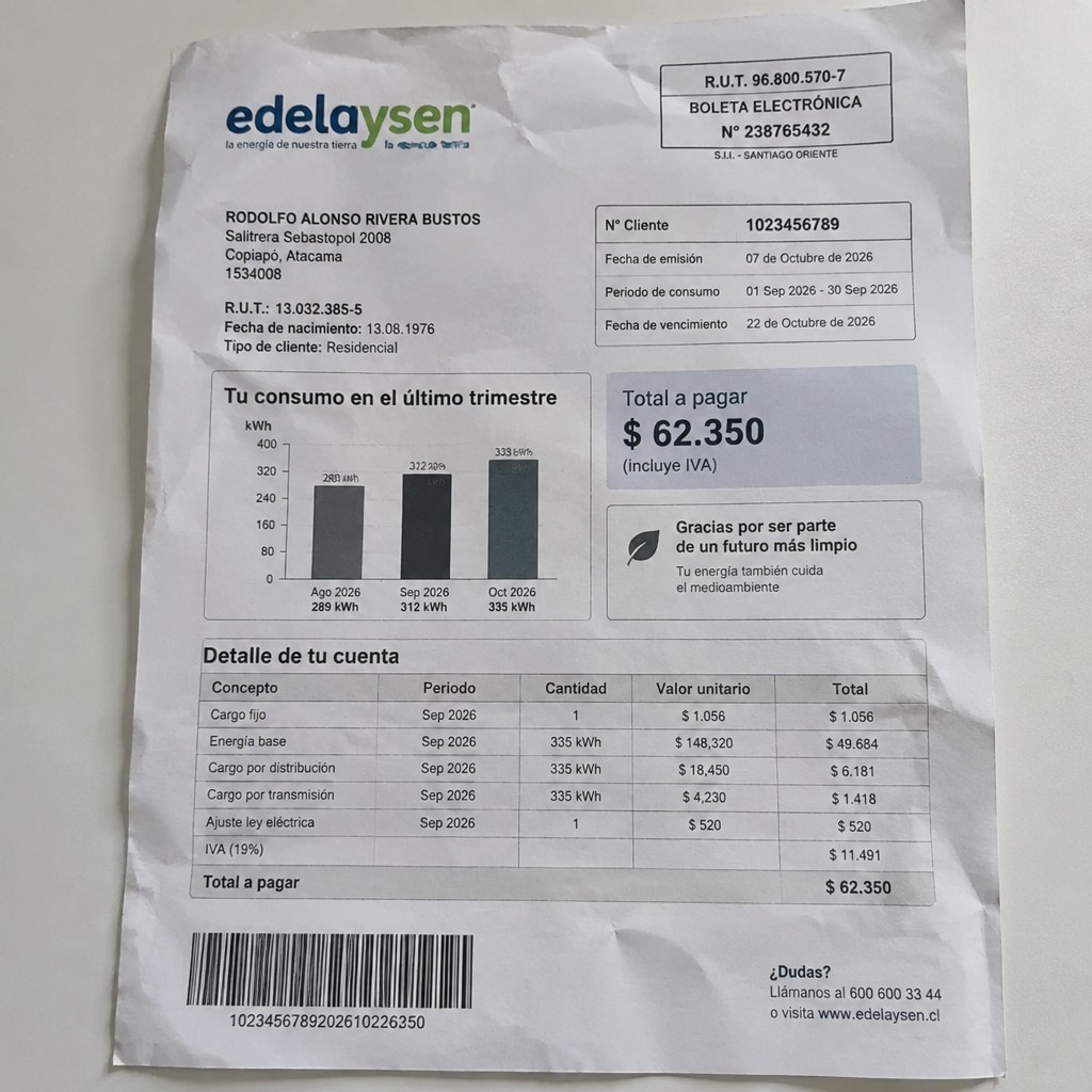 Create a statement, an electricity bill in CHILE. The A4 statement should be realistic, as if it were photographed on a phone. The document should be on a white background. The document must be for the last 3 months of October 2026. The document should contain several transactions and be wrinkled at the edges.
Name RODOLFO ALONSO RIVERA BUSTOS
Address Salitrera Sebastopol 2008, 1534008 Copiapó, Atacama
R.U.T. 13032385-5
Date of birth 13.08.1976