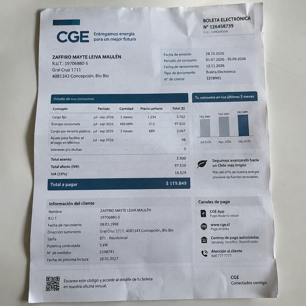 Create a statement, an electricity bill in CHILE. The A4 statement should be realistic, as if it were photographed on a phone. The document should be on a white background. The document must be for the last 3 months of October 2026. The document should contain several transactions and be wrinkled at the edges.
Name ZAFFIRO MAYTE LEIVA MAULÉN
Address Gral Cruz 1711, 4081343 Concepción, Bío Bío
R.U.T. 19706980-5
Date of birth 09.03.1998
Date of discharge 28.10.2026 (OCTOBER 2026)