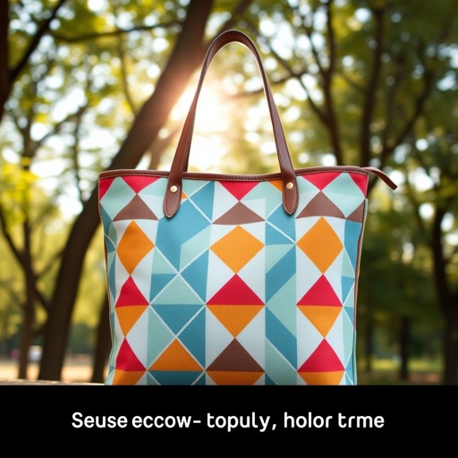mockup design, Create a mockup design featuring a stylish tote bag made from eco-friendly materials. The bag should have a vibrant geometric pattern and sturdy leather handles. Showcase the bag in an outdoor setting, with sunlight filtering through trees, highlighting its functionality for shopping or day trips while promoting sustainability.