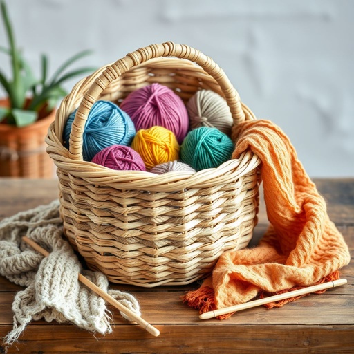 mockup design, Design a cozy yarn basket made of woven natural fibers, featuring a variety of colorful skeins of yarn peeking out. The basket is set on a rustic wooden table, with knitting needles and an unfinished scarf beside it, creating a warm, inviting atmosphere perfect for crafting enthusiasts.