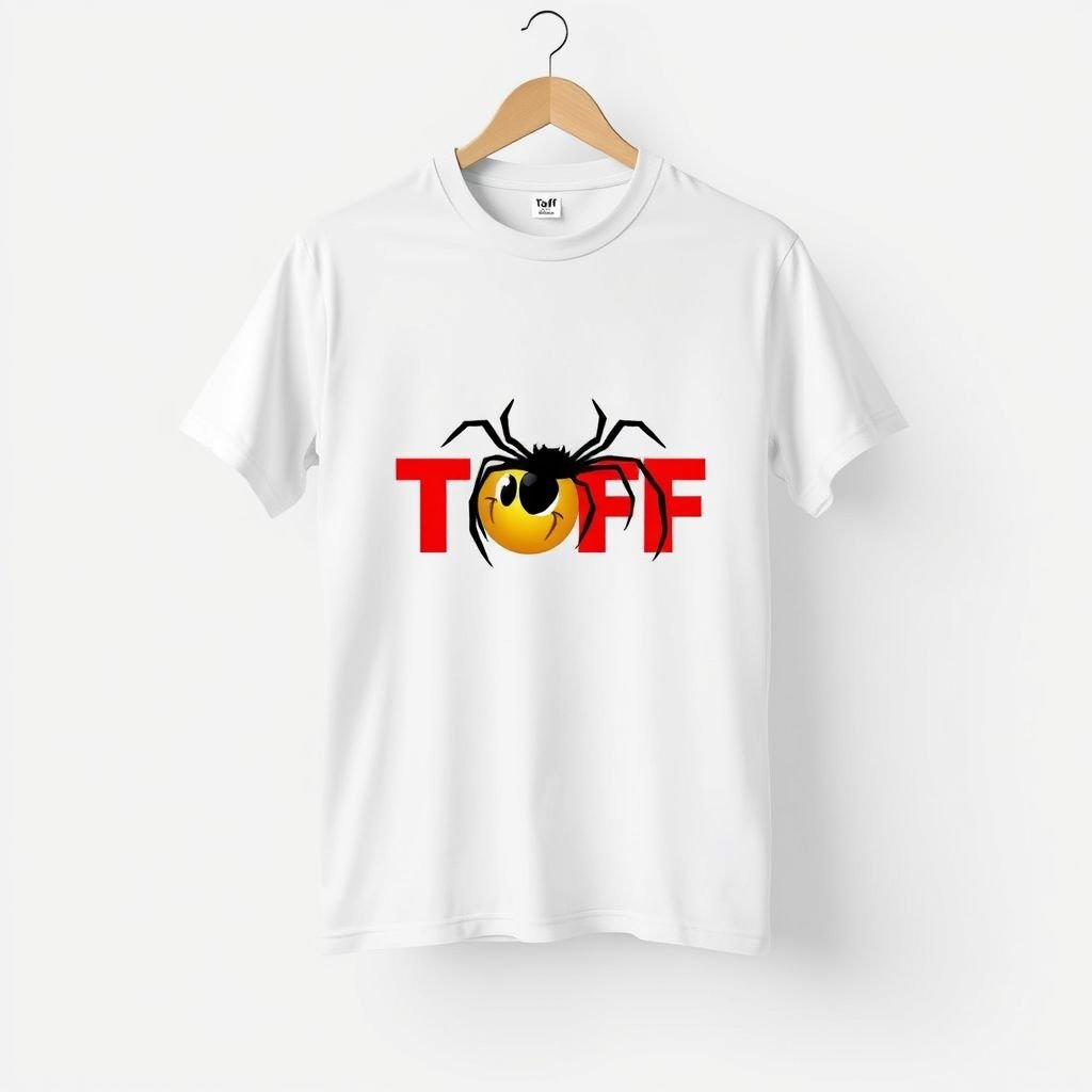 mockup design, Design a mockup featuring a plain white t-shirt displayed against a minimalist background. The shirt showcases the word "TOFF" in bold, stylish typography, with an artistic spider emoji 🕷️ integrated into the design. Capture the essence of contemporary fashion, ensuring the text and emoji are vibrant and eye-catching.