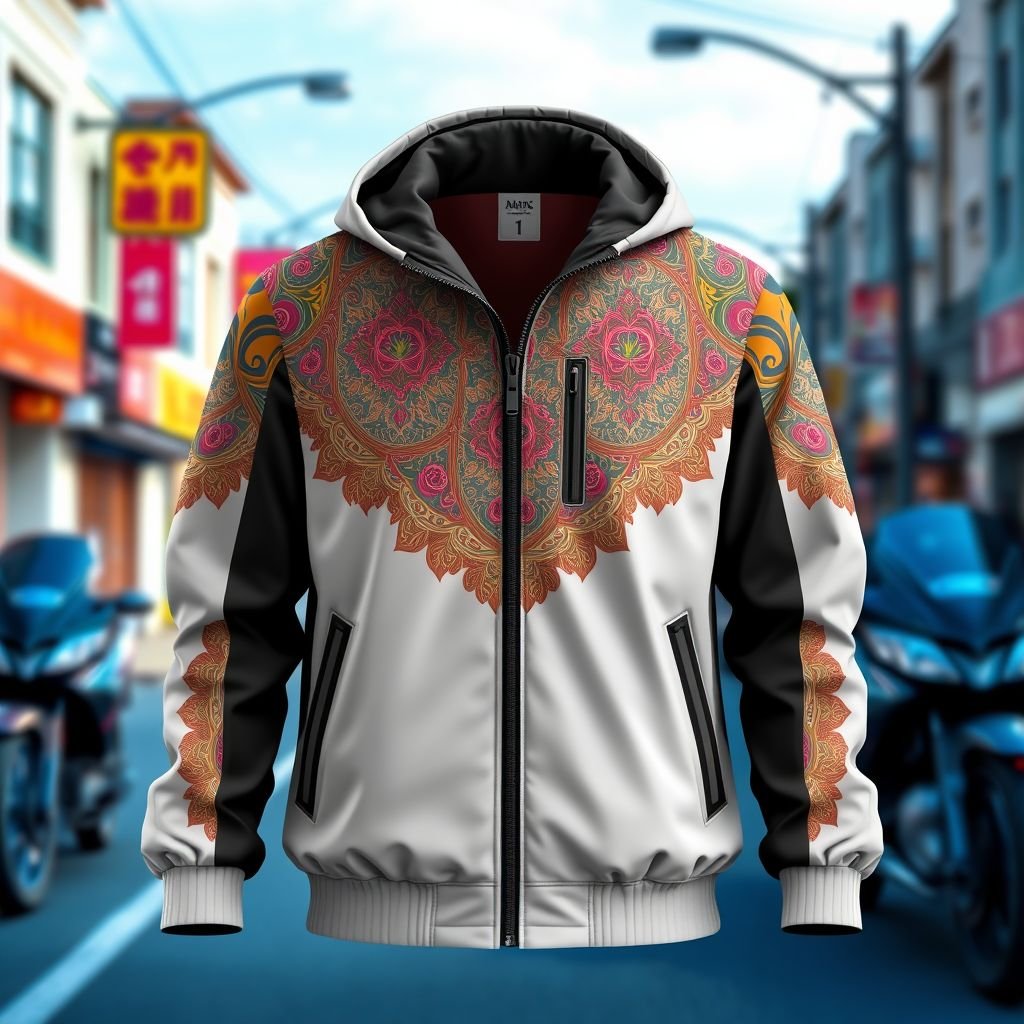 mockup design, Create a stylish mockup design for a Dong Woi jacket, featuring a contemporary urban aesthetic. Incorporate bold colors and intricate patterns inspired by traditional motifs. The jacket should have a relaxed fit, zipper closure, and functional pockets. Showcase the design against a vibrant street backdrop for added context.