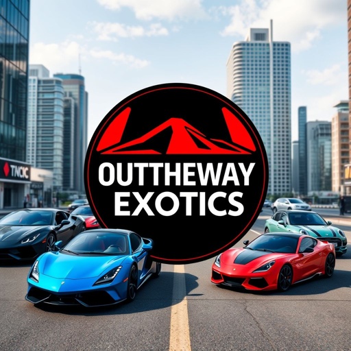 mockup design, Create a vibrant mockup for "OUTTHEWAYEXOTICS," a luxury car rental service specializing in exotic vehicles. The design should feature a sleek logo integrated into an upscale city backdrop, showcasing a variety of high-end cars. Incorporate rich colors and modern typography, emphasizing adventure and exclusivity in the automotive experience.