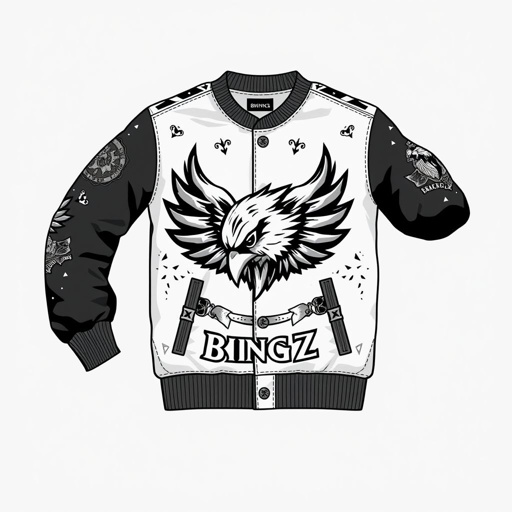 mockup design, Design a mockup for BKINGZ, a bold luxury streetwear brand for young boys. Incorporate a prominent "Rook" motif as an emblem, showcasing it through intricate embroidery and patches. Feature one sleeve with an exaggerated overstitch and introduce a distressed royal insignia. Experiment with a "Broken Glass" pattern as a daring all-over print, and accent lines with emotional copy like “Built from Battle.” Include tactile hardware elements, like metal clasps, to enhance the edgy aesthetic while ensuring a relaxed, trendy fit, blending style with youthful rebellion.