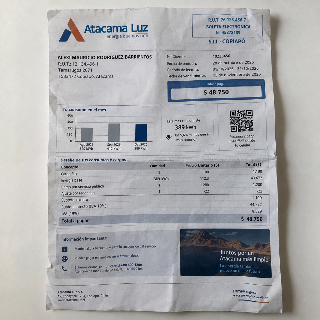 Create a statement, an electricity bill in CHILE. The A4 statement should be realistic, as if it were photographed on a phone. The document should be on a white background. The document must be for the last 3 months of October 2026. The document should contain several transactions and be wrinkled at the edges.
Name ALEXI MAURICIO RODRÍGUEZ BARRIENTOS
Address Tamarugos 2071, 1533472 Copiapó, Atacama
R.U.T. 13134496-1
Date of birth 17.03.1977