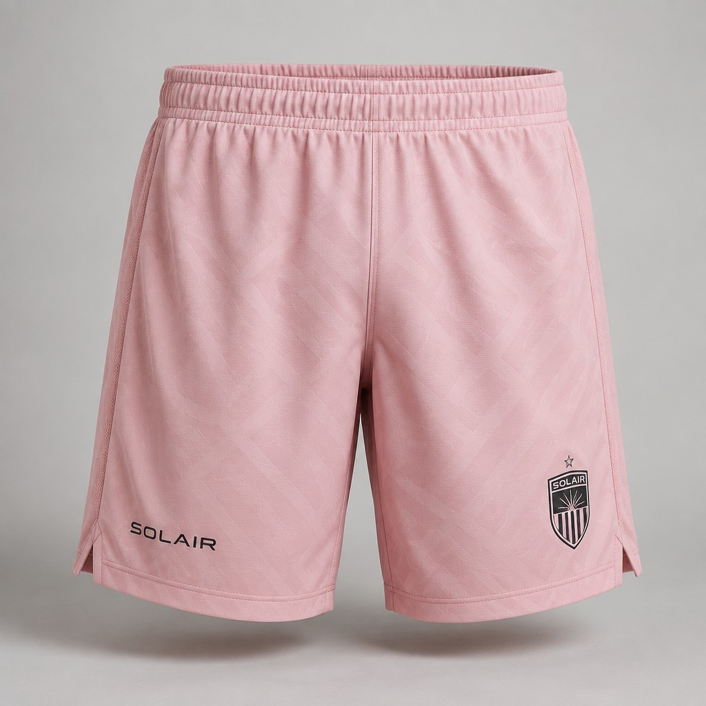 Create a realistic product mockup based on these instructions:
Create a professional mockup of premium pastel pink football shorts showcasing a modern athletic design. The shorts feature a relaxed fit, crafted from lightweight technical fabric with a subtle jacquard pattern. Highlight the Solair crest on the left leg, complemented by the SOLAIR wordmark on the right. Ensure realistic construction and minimalistic aesthetic with clean lines and soft shadows against a neutral background.
Create a professional, photorealistic mockup scene. If the instructions mention a design,
artwork, logo, print or graphic, invent an original, fitting design and integrate it onto the
product realistically with proper perspective, lighting and material texture. Only show a clean,
undecorated product if the instructions explicitly ask for a blank or plain product.