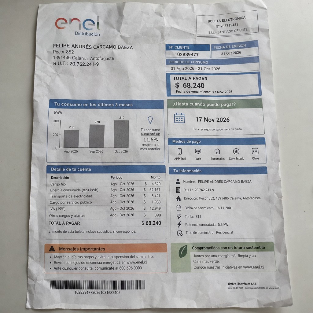 Create a statement, an electricity bill in CHILE. The A4 statement should be realistic, as if it were photographed on a phone. The document should be on a white background. The document must be for the last 3 months of October 2026. The document should contain several transactions and be wrinkled at the edges.
Name FELIPE ANDRÉS CÁRCAMO BAEZA
Address Pocor 852, 1391486 Calama, Antofagasta
R.U.T. 20762241-9
Date of birth 16.11.2001