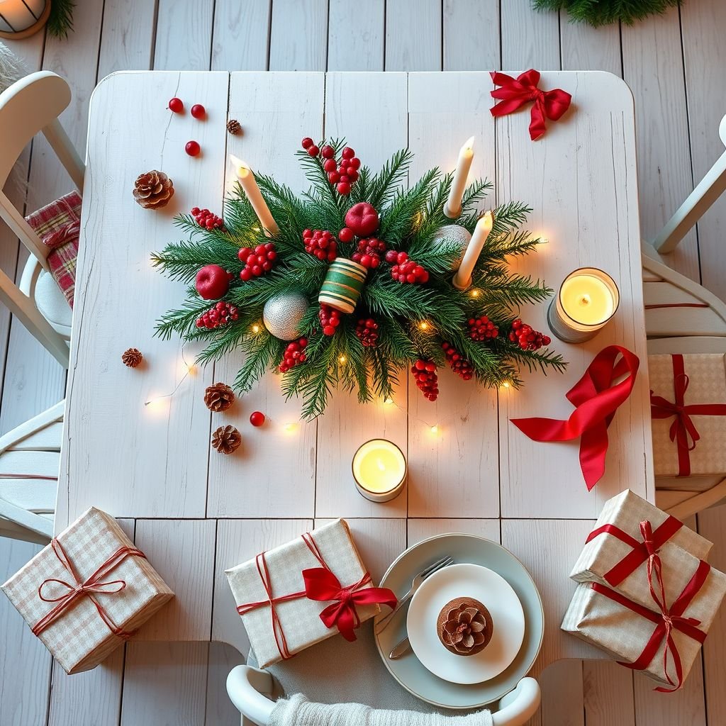 mockup design, Design a charming mockup of a white wooden table adorned with festive Christmas decorations. Include a vibrant centerpiece of evergreen branches and red berries, scattered pinecones, twinkling fairy lights, and seasonal candles. Surround the table with elegantly wrapped gifts and a cozy table setting featuring winter-themed dishware for a warm holiday ambiance.