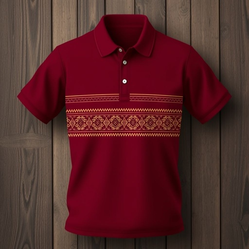 mockup design, Design a maroon polo shirt featuring an intricate ethnic geometric line pattern across the chest and sleeves. The pattern should incorporate traditional motifs in contrasting colors like gold and cream, adding a contemporary twist. Showcase the shirt on a textured wooden background to emphasize its cultural richness and elegance.