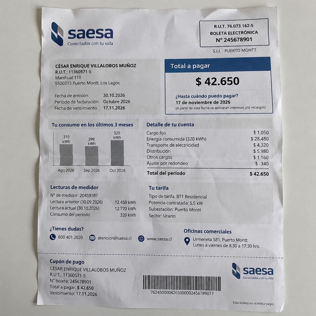 Create a statement, an electricity bill in CHILE. The A4 statement should be realistic, as if it were photographed on a phone. The document should be on a white background. The document must be for the last 3 months of October 2026. The document should contain several transactions and be wrinkled at the edges.
Name CÉSAR ENRIQUE VILLALOBOS MUÑOZ
Address Manihual 110, 5500313 Puerto Montt, Los Lagos
R.U.T. 11360571-5
Date of birth 13.09.1969
Date of discharge 30.10.2026 (OCTOBER 2026)
