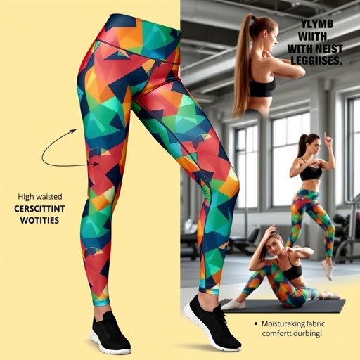 mockup design, Design a stylish pair of high-waisted leggings featuring a vibrant geometric pattern. Incorporate a moisture-wicking fabric for comfort during workouts, and showcase the leggings in a fitness setting. Include a model demonstrating various poses, highlighting flexibility and durability, with a modern gym background and motivational quotes in the artwork.